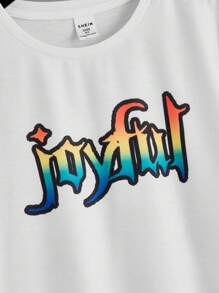 SHEIN Camiseta gráfica con letras y pantalones de chándal con cintura ajustable con cordón para niños preadolescentes - Multicolor - Ver 5