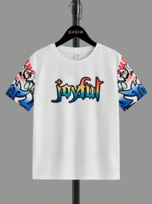 SHEIN Camiseta gráfica con letras y pantalones de chándal con cintura ajustable con cordón para niños preadolescentes - Multicolor - Ver 6