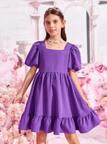 SHEIN 女孩方領泡泡袖荷葉邊連衣裙 - 紫羅蘭色 - 查看 2