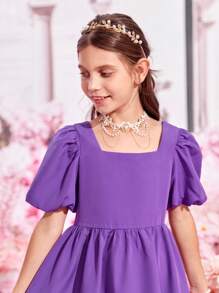 SHEIN 女孩方領泡泡袖荷葉邊連衣裙 - 紫羅蘭色 - 查看 4