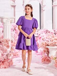 SHEIN 女孩方領泡泡袖荷葉邊連衣裙 - 紫羅蘭色 - 查看 5
