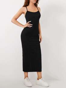 Cottnline Solid Cami Bodycon Dress - Black - View 4