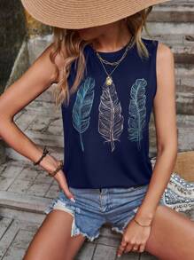SHEIN LUNE Feather Print Tank Top Graphic Tees Women Tops - Navy Blue - View 3