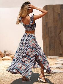 SHEIN VCAY 滿版印花荷葉邊短款上衣和半身裙 - 藏蓝色 - 查看 2