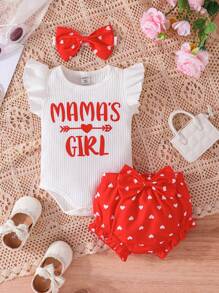 寶寶女孩字母圖形荷葉邊連身衣和心形印花短褲組合以及頭帶 - 紅白色 - 查看 1