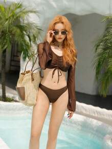SHEIN Swim Summer Beach Drawstring Front Bikini Set Bathing Suit - Chocolate Brown - View 8