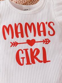 寶寶女孩字母圖形荷葉邊連身衣和心形印花短褲組合以及頭帶 - 紅白色 - 查看 6