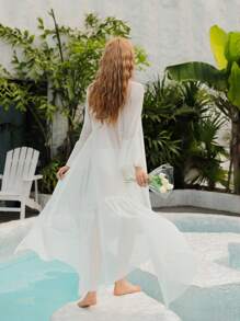 Kimono de manga con volante con cinturón bajo con fruncido - Blanco - Ver 4