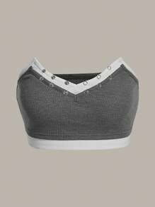 SHEIN ICON 拼接邊金屬氣眼短款抹胸上衣 - 灰色 - 查看 1