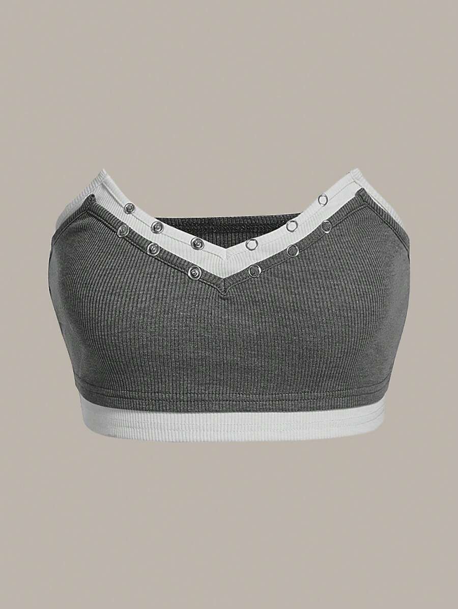 SHEIN ICON 拼接邊金屬氣眼短款抹胸上衣 - 灰色 - 查看 1