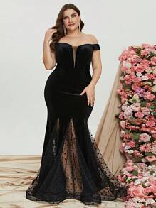 Plus Off Shoulder Contrast Mesh Mermaid Hem Velvet Dress - Black - View 1