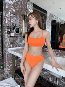 SHEIN Swim Summer Beach Neon Orange Textured Bikini Set, Wireless Bra Top & High Waist Bikini Bottom 2 Pieces Bikini, Bathing Suit - Orange - View 6