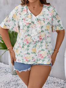 SHEIN LUNE Plus Floral Print Ruffle Trim Batwing Sleeve Blouse - Multicolor - View 6