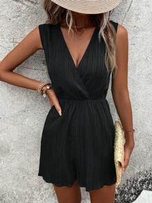 SHEIN LUNE 交疊領無袖連身短褲 - 黑色 - 查看 4