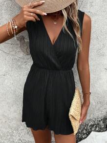 SHEIN LUNE 交疊領無袖連身短褲 - 黑色 - 查看 5