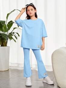 SHEIN Leap Crew Bộ hai mảnh Gái Đắp vá Lá thư Giải trí - Màu xanh nhạt - Xem 1