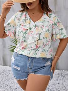 SHEIN LUNE Plus Floral Print Ruffle Trim Batwing Sleeve Blouse - Multicolor - View 7