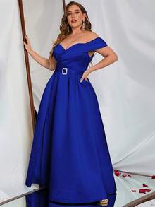 Vestido de hombros descubiertos de muslo con abertura con cinturón de satén - azul real - Ver 5