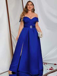 Vestido de hombros descubiertos de muslo con abertura con cinturón de satén - azul real - Ver 6