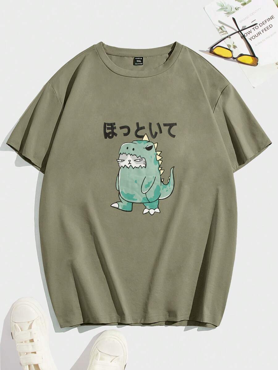 EASEVO Men Plus Cotton Japanese Letter & Cartoon Graphic Tee - Army Green - View 1