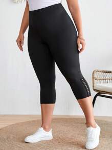 SHEIN LUNE Plus Button Detail Leggings - Black - View 2