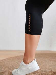 SHEIN LUNE Plus Button Detail Leggings - Black - View 3