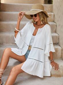 Swim Vcay Hollow Out Flounce Sleeve Ruffle Hem Kimono, For Summer Beach Vacation - White - View 1