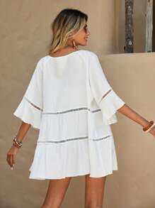 Swim Vcay Hollow Out Flounce Sleeve Ruffle Hem Kimono, For Summer Beach Vacation - White - View 2