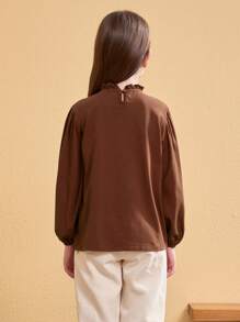 Áo thun nhẹ màu trơn của Tween Girl có cổ xếp nếp, phong cách đại học, Xuân/Hè - màu nâu - Xem 2