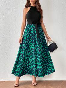 SHEIN LUNE Graphic Print Belted Halter Dress - Multicolor - View 3