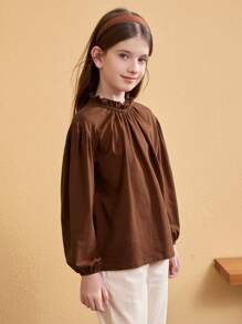 Áo thun nhẹ màu trơn của Tween Girl có cổ xếp nếp, phong cách đại học, Xuân/Hè - màu nâu - Xem 3