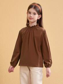Áo thun nhẹ màu trơn của Tween Girl có cổ xếp nếp, phong cách đại học, Xuân/Hè - màu nâu - Xem 5