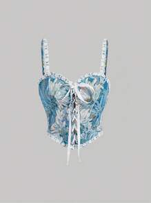 SHEIN MOD Top de tirantes con estampado floral ribete con encaje con cordón delantero - Multicolor - Ver 1