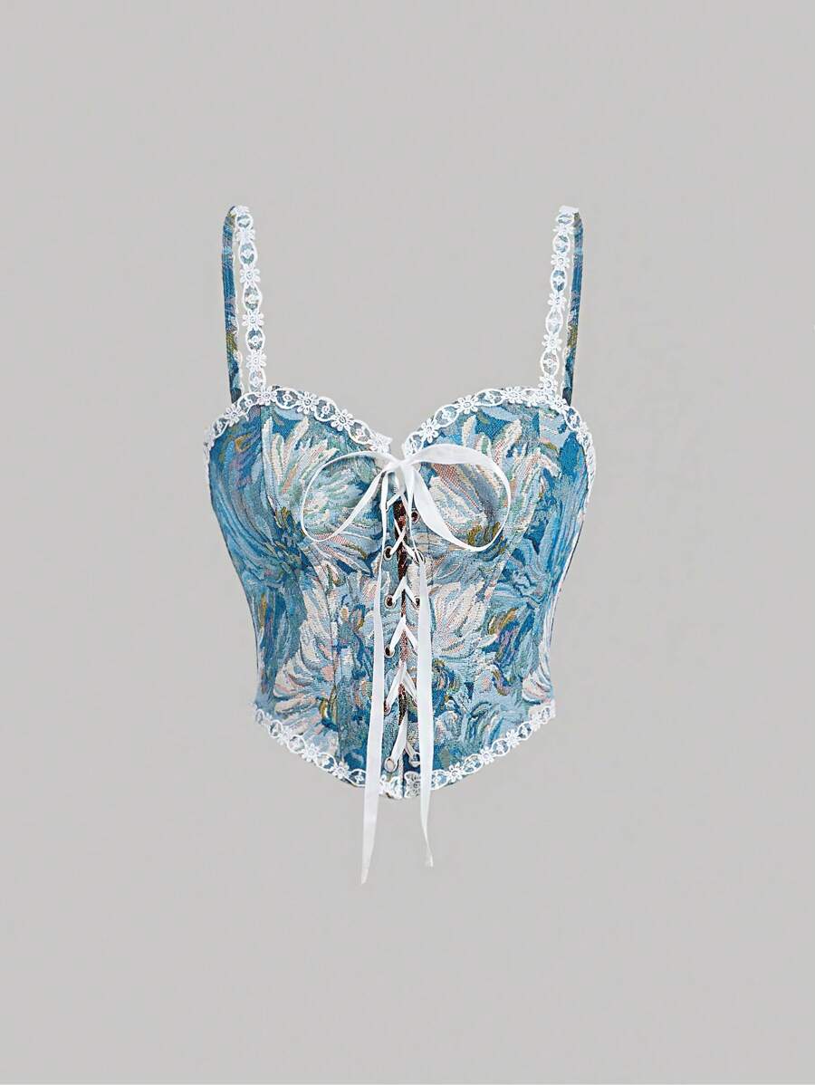 SHEIN MOD Top de tirantes con estampado floral ribete con encaje con cordón delantero - Multicolor - Ver 1