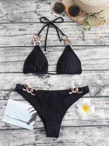 Swim SXY Summer Beach Solid Bikini Set Chain Linked Micro Triangle Bra & Bikini Bottom 2 Piece Bathing Suit - Black - View 4