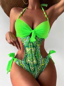 圖案前打結吊脖連體泳衣