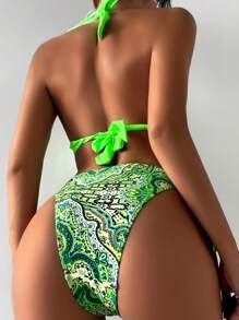 圖案前打結吊脖連體泳衣