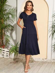 Summer Short Sleeve A-Line Flared Maxi Bohemian Style Dress With Pockets - Navy Blue - View 3
