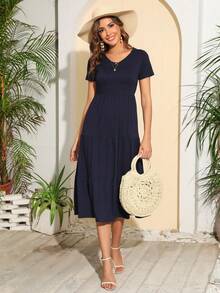 Summer Short Sleeve A-Line Flared Maxi Bohemian Style Dress With Pockets - Navy Blue - View 5