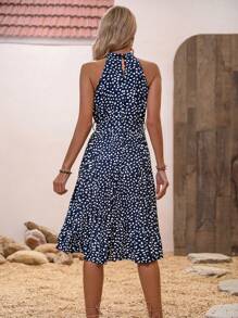 SHEIN Clasi Allover Print Belted Halter Dress - Navy Blue - View 2