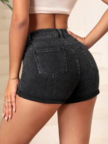SHEIN Essnce Quần short denim nữ Nút Túi Dây kéo màu trơn - màu đen - Xem 3