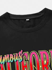 ROMWE MEN Street Life 男士字母图案落肩 T 恤，学校 - 黑色 - 查看 4