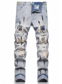 男士棉潑墨圖案破洞抽鬚牛仔褲 - 淺色水洗藍 - 查看 1