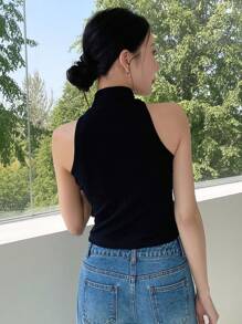 DAZY Solid Ribbed Knit Halter Top - Black - View 2