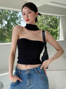 DAZY Solid Ribbed Knit Halter Top - Black - View 4