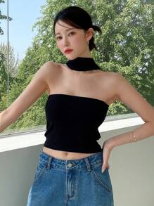 DAZY Solid Ribbed Knit Halter Top - Black - View 6