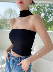 DAZY Solid Ribbed Knit Halter Top - Black - View 7