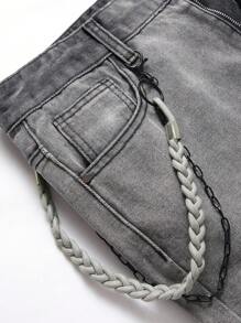 男士棉破洞抽鬚鏈條細節牛仔褲 - 淺灰色 - 查看 3