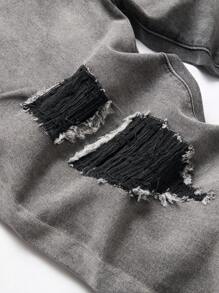 男士棉破洞抽鬚鏈條細節牛仔褲 - 淺灰色 - 查看 4