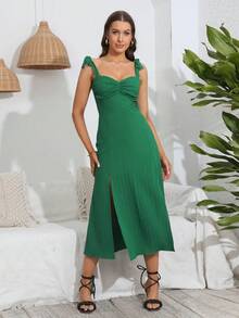 Vestido de tirantes de hombros con cordón pecho con fruncido bajo con abertura - Verde - Ver 3